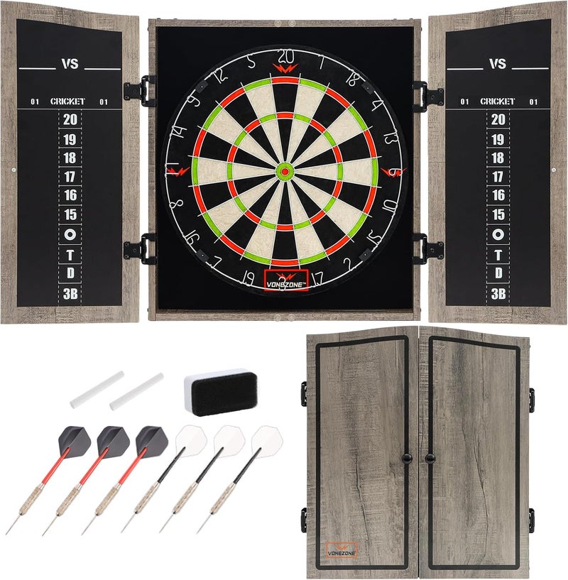 vonezone Dartboard Cabinet Set - Easy Assembly One Piece Sports Hemp Dartboard Scoreboard - Play Immediately - 6 Dart Chalk Set for Home Game Bar Accessories, Gray - Image 1